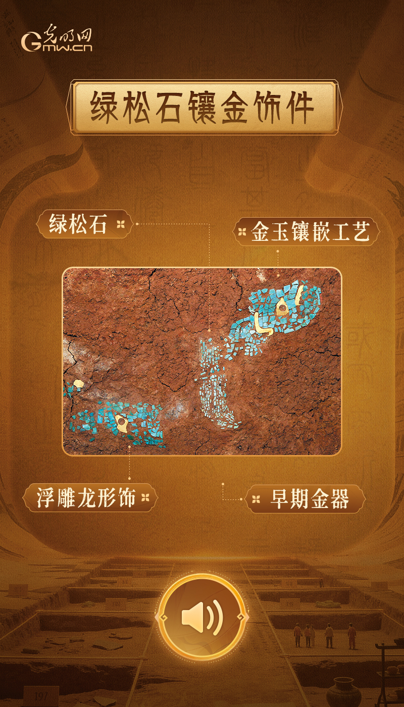 “文物会说话”有声海报|寻绎夏商,读懂早期中国的文明密码 绿松石镶金饰件